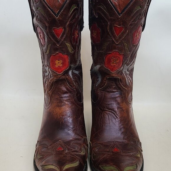 Vtg Dan Post Brown Pointed Toe Boots 6.5 Embroidered Flowers Bluebirds Hearts - Picture 4 of 15